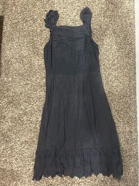 LOFT Navy Eyelet Midi Dress with Scalloped Hem
